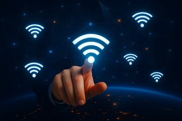 Human finger touching glowing wifi symbol in a digital network over planet earth