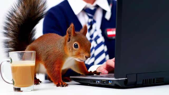 Humorous Squirrel Typing on Laptop with Coffee Break in Office Setting, A funny animal concept for