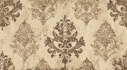 Beige background with a repeating dark brown damask pattern, showing a distressed or aged texture