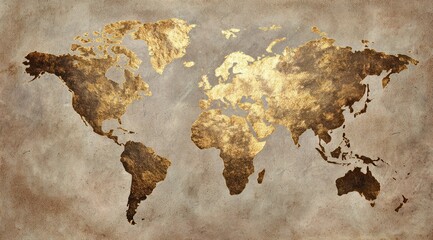 A gold-toned world map on an aged, textured background, suggesting age and history through its design and color palette