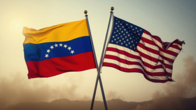 the flags of venezuela and the united states of america flutter in the wind