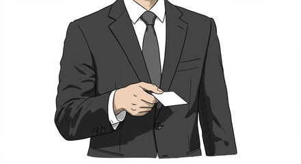 名刺交換の瞬間を捉えたスーツ姿のビジネスマンの手元クローズアップイラスト