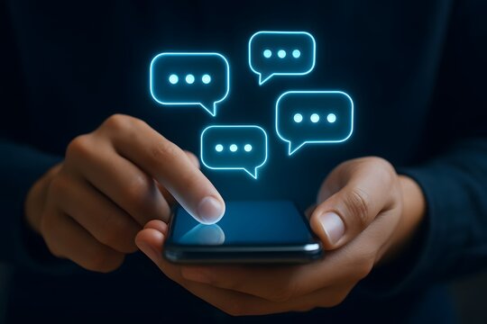 Person using smartphone with glowing blue chat bubbles appearing above the screen