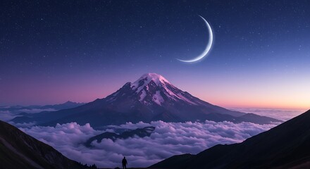 Mountain Vista at Night Lone Figure Gazes Up at Moonlit Peak Under Starry Sky