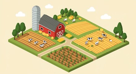 Isometric Farm Illustration with Barn, Cows, and Fields A Quaint Rural Scene in a Vector Style