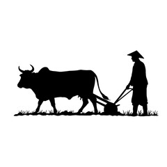 Black silhouette showing a farmer working with an oxen plow