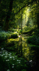 Obraz premium A Symphony of Light and Life: Enchanting Woodland Oasis Revealed in Vivid Color Composition