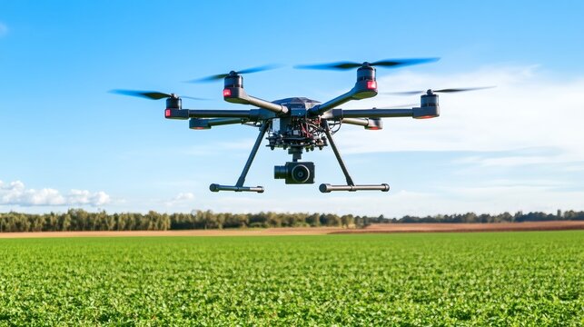 Drone flying over a field of crops with camera and propellers