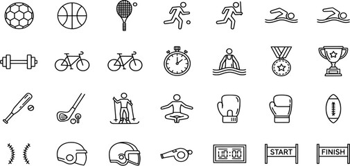 A set of black and white icons representing various sports and leisure items, including a trophy and bed.