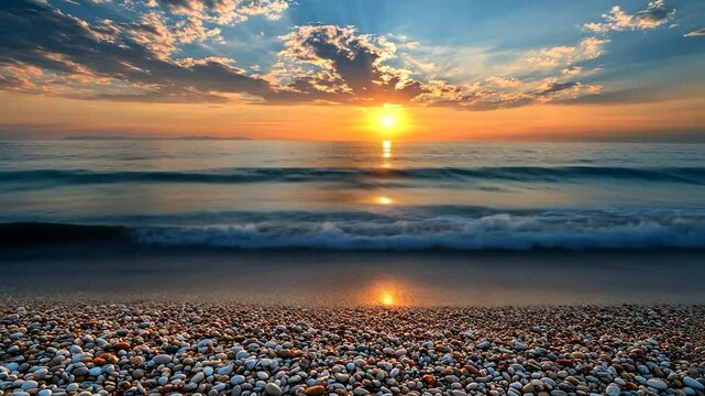 A serene sunset over the ocean, reflecting light on gentle waves and a pebbly shore.