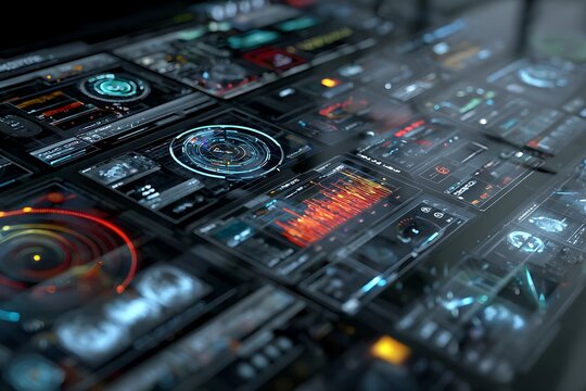 Futuristic Dashboard Displaying Holographic UI Elements, Charts, and Data Visualization in Dim Light