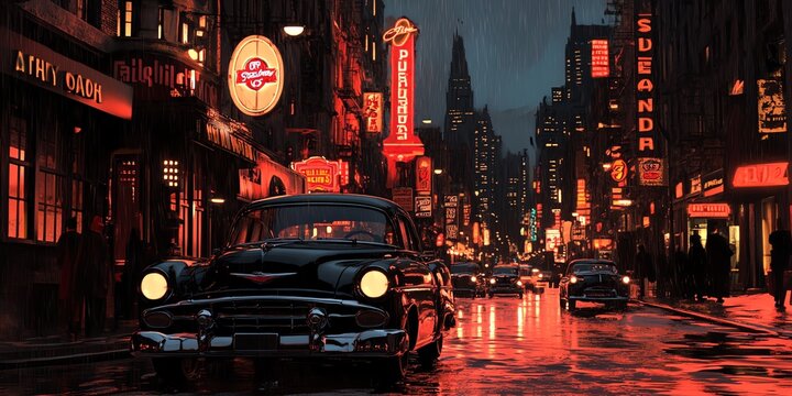 Fototapeta Classic Cars Driving Down Rainy City Street at Night