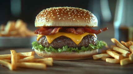 Juicy bacon cheeseburger with sesame seed bun, melted cheese, and crisp lettuce, served with golden french fries. A delicious fast food meal.