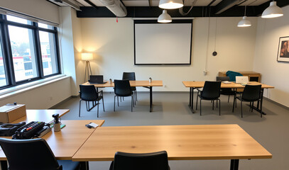 Naklejka premium A conference room with tables and chairs in front of a projector screen.