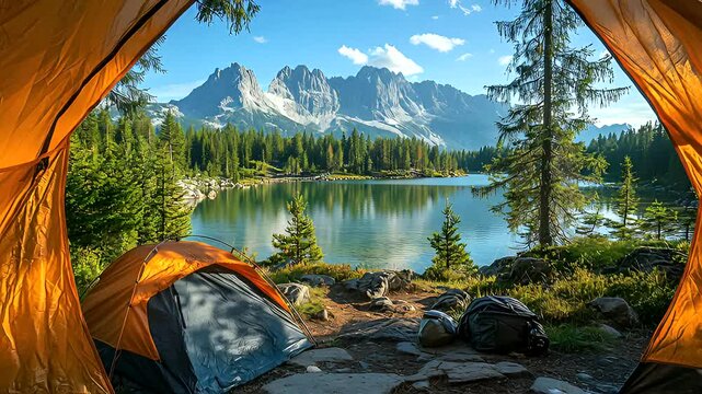 View from Inside a Tent at Lago di Landro with Tre Cime di Lavaredo Dolomite Mountains