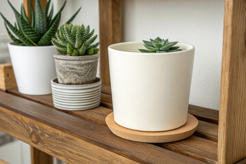 Succulent plants in pots on wooden shelf home decor houseplants indoor gardening plant care minimal style