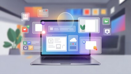 Futuristic laptop interface with floating holographic windows technology