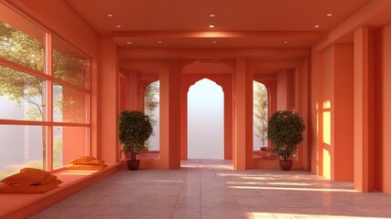 Bright Sunlit Interior of a Modern Coral-Colored Room with Large and Potted Plants Leading to Courtyard View