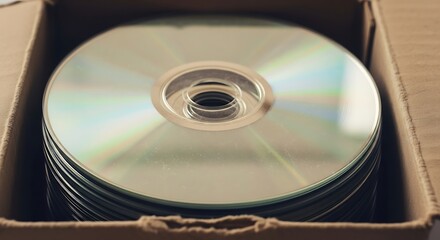 A stack of CDs neatly arranged inside a cardboard box.