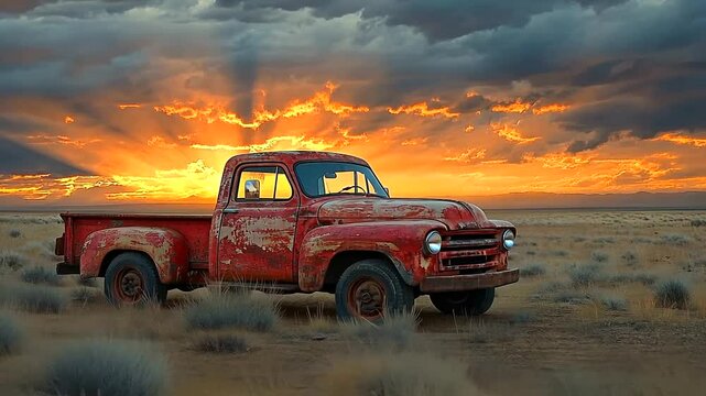 Vintage Charm: Red Truck at Sunset Against a Dramatic Sky minimal 50 characters, maximum 100 characters, make the result into 1 line or answer only