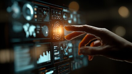 Hand Interacting with a Futuristic Interface Featuring Data Visualizations and Glowing Circular Element
