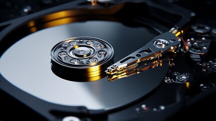 Hard Disk Drive Platter Stack With Read/Write Head Technology Detailed CloseUp View