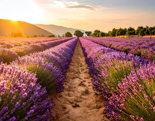 Obraz premium Lavender Field Sunset Scenic Landscape