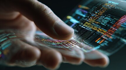 Human Hand Holding a Curved Transparent Display Showing Lines of Colorful Data Code