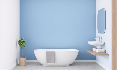 Fototapeta premium Modern bathroom with blue accent wall, white bathtub, wooden shelf, and minimalist decor.