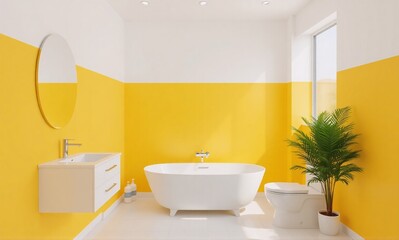 A modern bathroom with yellow walls, white fixtures, and a freestanding bathtub.