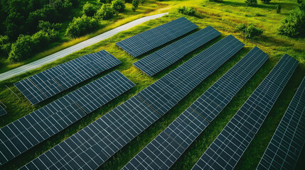 Aerial view of empty road amidst solar panels farm