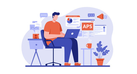 Man Working on Laptop with Data Visualization and Communication Icons.