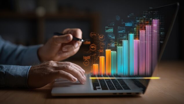 Person using laptop, holographic graph overlay