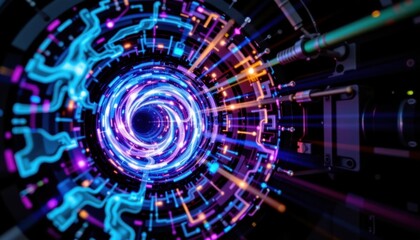 Fototapeta premium Futuristic digital technology abstract background with vibrant glowing neon lights and intricate circular patterns representing innovation and connectivity