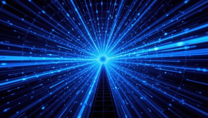 Naklejka premium Futuristic digital data burst with bright blue light rays and glowing particles radiating outward creating a sense of technological innovation and high-speed connectivity