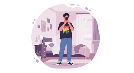 Stylish Teen Takes Selfie in Cozy Bedroom Flat Design.