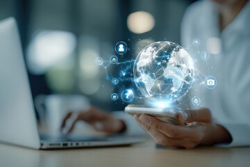 Hands hold phone, holographic global network over it