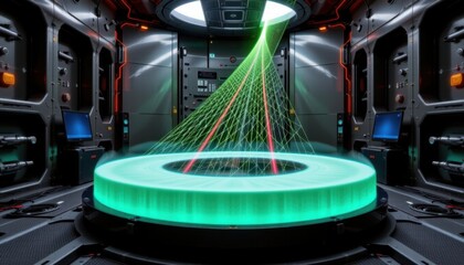 Advanced futuristic data transfer technology showcasing a high-tech server room with holographic light beams and glowing data interface in a sci-fi digital environment