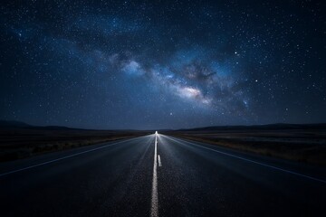 Fototapeta premium Milky Way Over Asphalt Road Leading Through Dark Landscape Under Clear Night Sky
