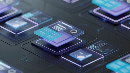 Futuristic digital interface displays glowing with blue and purple light technology