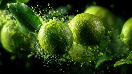Fresh green limes with a vibrant green color and juicy texture shown in a close-up shot with water droplets and a leaf in the background