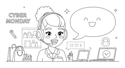 Happy customer service representative with headset and speech bubble for cyber monday isolated on transparent background