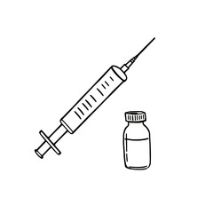 Hand drawn illustration of a medical syringe and vial isolated on white background