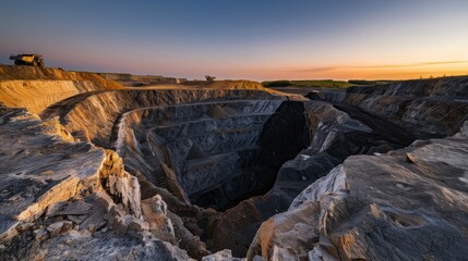 Vast open pit mine at sunrise.
