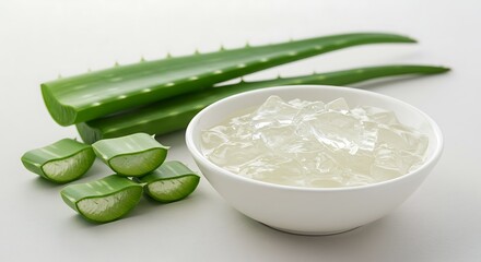 Fresh aloe vera leaves and gel in a white bowl, showcasing natural skincare ingredients