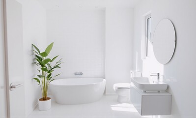 Fototapeta premium A minimalist white bathroom with a freestanding bathtub, modern sink, toilet, round mirror, and potted plant.