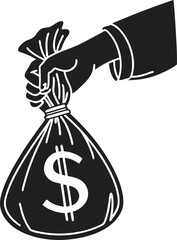 Black silhouette vector icon of a hand holding a money bag with dollar sign. Financial clip art isolated on transparent background, ideal for banking, investment, or savings themes.