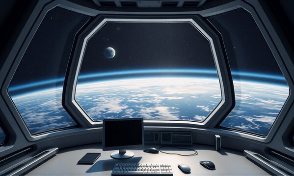 Space-themed interior with computer setup and view of Earth from window. - Powered by Adobe