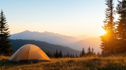 A peaceful camping scene at sunrise, featuring a tent amidst tall trees and majestic mountains, perfect for outdoor adventure.