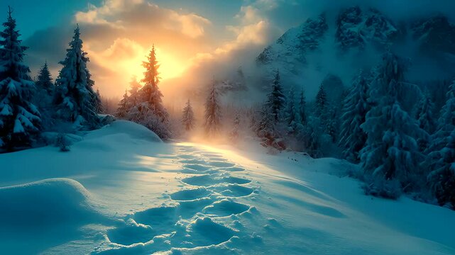 Winter Wonderland: Footprints in the Snow Leading to a Misty Mountain Forest at Sunset